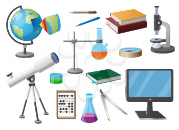 Set of various school objects isolated vector illustration on white. Cartoon style scientific tools, flat screen, textbooks and stationery items