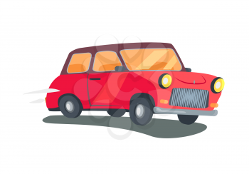 Icon of red retro two-door station wagon with round headlights isolated vector illustration on white background. Angled view car in cartoon style