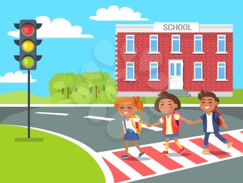 Pupils go home after classes crossing pedestrian vector illustration. Schoolchildren holding hand on background of school building.
