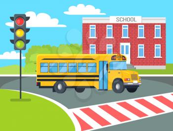 Yellow bus stops before pedestrian near school building at red traffic lights vector illustration of transportation item near educational establishment