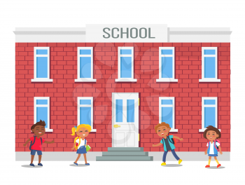 Boys and girls with backpacks standing in front of school vector illustration isolated on white. Vector illustration of children hurrying on study