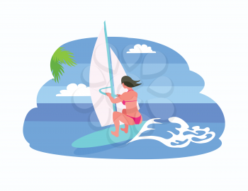 Person on board wearing swimsuit, surforboarder on vocation. Summer fun postcard, sun and windsurfing woman, female surfing, waves vector isolated emblem