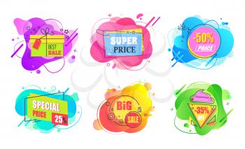 Set of watercolor sale labels on abstract liquid shapes isolated. Mega discounts and final price, special offer percent off promo adverts on color tags