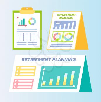Documents with plans and infographics vector, signs with investment planning and retirement information, data and info on clipboards and papers set