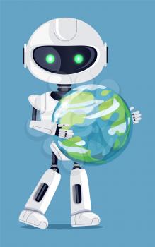 Robot holding globe in hands, robotic creature with blue shining eyes carrying model of planet Earth, vector illustration isolated on blue background
