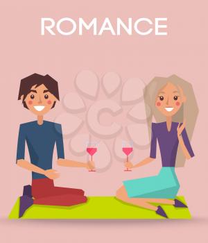 Romance Valentine day poster with couple sitting on knees and drinking cocktails vector illustration greeting card in happy love concept isolated