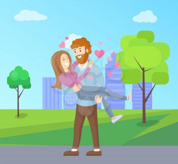 Man with beard holding woman on hands vector illustration of couple in love with hearts over heads isolated on background of skyscrapers in park