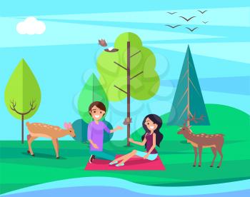 Couple having picnic on nature at the bank of river, people communicate with surrounding world, deers and birds, green trees and blue sky