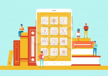 People small in size sitting on books, phone screen with icons in centerpiece, modern sources versus old-fashioned resources, vector illustration