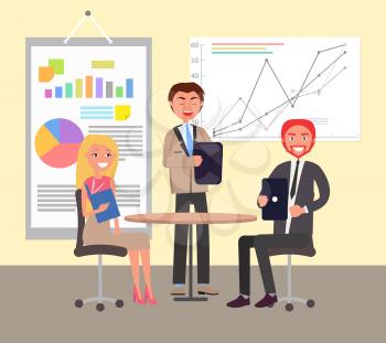 Business conversation in office colorful poster, vector illustration with successful people on meeting discussing statistical information and goals