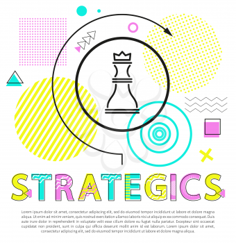 Strategics and steps analyzing vector illustration with geometric figures collection, planning text sample and queen icon surrounded by curved arrow