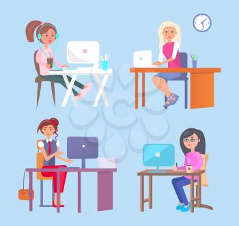 Lady working by wooden tables, looking at computers screens, collection of women, person writing down info from laptop, coffee cup vector illustration