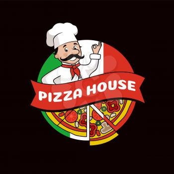 Pizza house promo logotype composed of cook in hat with mustache, slices with tasty ingredients and Italian flag isolated cartoon vector illustration.