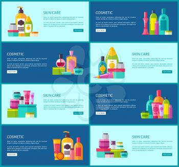Skincare cosmetics promotional Internet posters with bottles and jar full of lotions vector illustrations set. Containers with creams on web banners.