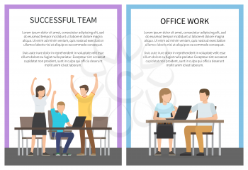 Successful team office work, color vector illustration wtth happy and busy employees with black laptops on tables, many chairs, lilac and blue frames