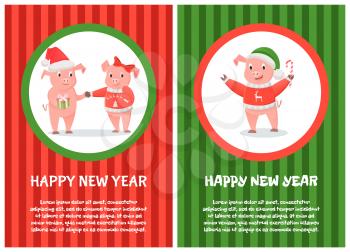 Happy New Year pink pigs the symbols of 2019. Smiling piggy with candy. Boy with hat holding gift box and hand of female with big bow and jersey vector