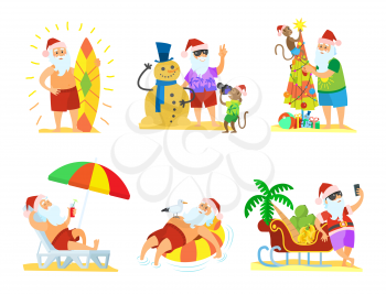 Christmas cartoon winter images collection with Santa standing near fir-tree and shooting near snowman and sleigh and laying on chaise-lounge vector