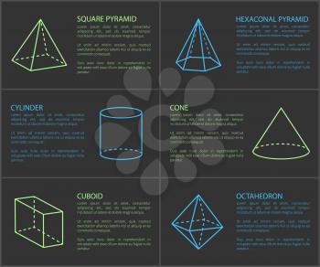 Square pyramid and cylinder, cone and cuboid, hexagonal prism and shapes, text sample and letterings, shapes set, isolated on vector illustration