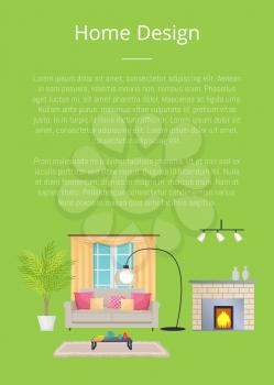Home design poster and text sample, plants and window with curtains, sofa and pillows, fireplace and table candles isolated on vector illustration