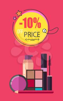 -10 off price, make up collection poster and circle with letterings, mascara and eyeshadows, foundation and powder, isolated on vector illustration