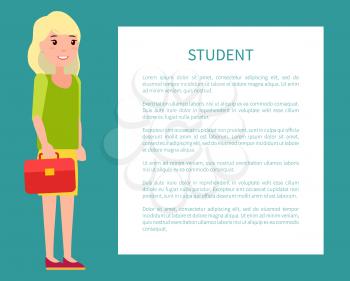 Student girl poster with fill form for text, girl with leather case, blonde student in stylish cloth on banner, vector illustration of teenage woman