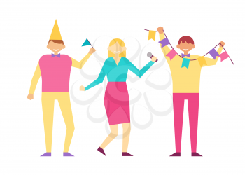 Man celebrate birthday party holding decorative flags in hands, woman singing in microphone vector isolated. Cartoon style entertainment on birthday fest