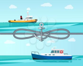 Sea transport color banner vector illustration with grey cordage blue and yellow sea ships, cordage roping spiral, anchor cloudy sky, calm sea surface