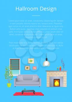 Hallroom design card, interior of modern room, cute carpet, cozy fireplace, modern coffee table, three painting, flowers and candles, design template