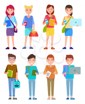 Set of student teenage girls and boys in cartoon style with books, handbags, hot refreshing drinks and notebook vector student group isolated on white