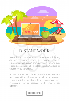 Distant work freelance web poster, open notebook on tropical beach freelance on screen, summer cocktail with straw, sunbed under umbrella, summertime