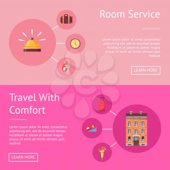 Comfort travel and room service set of banners. Vector illustration reception bell, classic and roller suitcases, clock key, hotel building, registration card
