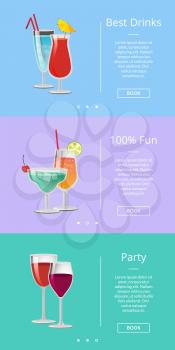 Best drink make party 100 fun web page design with alcoholic drinks decorated with colorful straws. Vector illustration consists of three images