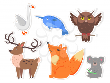 Bird, animals and fish isolated stickers on white background. White goose, unicorn fish, brown owl, noble deer, red fox and cute coala bear vector illustrations.Cartoon friendly creatures collection.