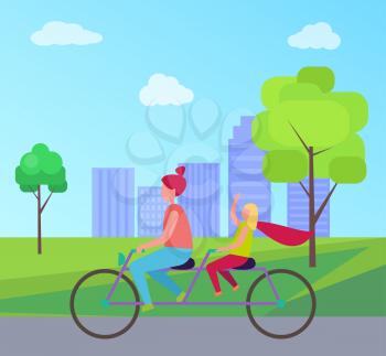 Redhead mother and her young blonde daughter riding purple tandem bicycle isolated vector on background of skyscrapers cartoon style cyclists in park