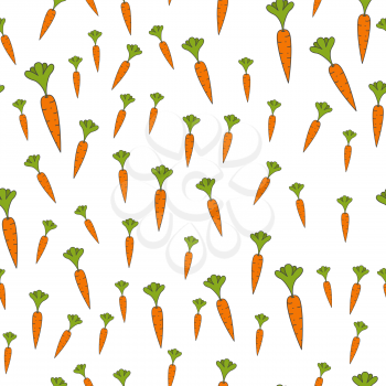 Ripe carrots seamless pattern. Different sizes orange carrots with green leaves flat vector on white background. Root vegetable cartoon illustration for wrapping paper, prints on fabric, greeting card