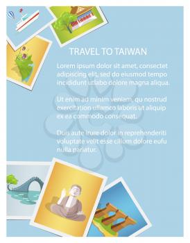 Travel to Taiwan informative brochure card with photographs. Vector colorful illustration in flat design of asian country sightseeing on images and written text information on blue background.
