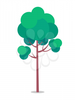Flat tree icon isolated on white. Vector illustration of tall trunk, thin branches with circular foliage in different shades of green and blue