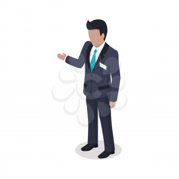 Male cartoon faceless character in suit and tie points on something with his hand isolated on white background. E-commerce advertising vector illustration. Representative of Internet shop icon.