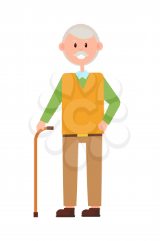 Funny grandad, bright banner, vector illustration isolated on white backdrop, aged man with cute smile on face, holding supporting stick, color dressing