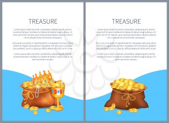 Treasure in open ancient bags, royal crown and luxurious goblet vector illustrations. Old sacks stuffed with gold coins and jewelry, treasure of pirates