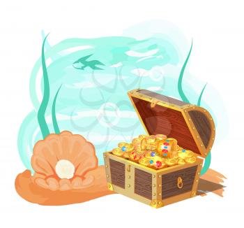 Sea and treasures poster, banner with plants, water and wooden chest, full of treasures, shell and pearl, vector illustration, shark isolated on white