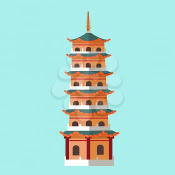 National architecture in Taiwan hand drawn icon on blue background. High building or pagoda, windows and roof on each floor and sharp on top. Vector illustration in cartoon style graphic design.