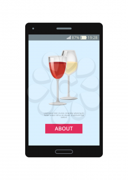 Cocktails shown on mobile phone in application, with icons of alcoholic drinks, info and button vector illustration isolated on white in smartphone