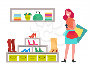 Cheerful lady with red handbag and many purchases, vector illustration isolated on white backdrop, shelf with bag, rack with varied shoes and boots