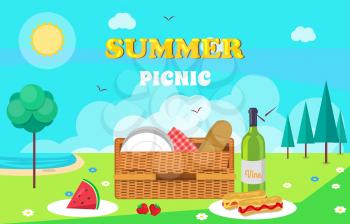 Summer picnic composition, poster with headline and basket, bread and wine, plate and hot dog, nature and trees, title isolated on vector illustration
