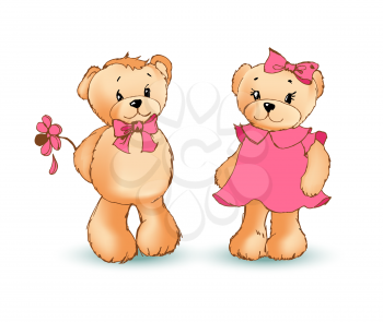 Teddy bear with flower behind back, and female wearing dress and have bow on head, poster of couple in love, isolated on vector illustration