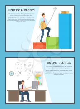 Increase in profits and online business posters. Vector illustration of employees going up chart stair holding golden coin and working on computer