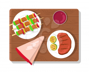 Food picnic collection dishes, wooden board and plates with meat, brochettes and sauce, serviette and picnic vector illustration isolated on white