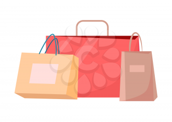 Paper shopping bags vector illustration of disposable packages with handles isolated on white. Packets for parcels, colorful shopping bags vector set