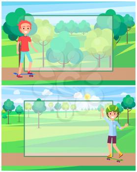 Skater in protective helmet in green park full of trees and bushes near place for text filling form advertisement poster with boy skateboarder vector